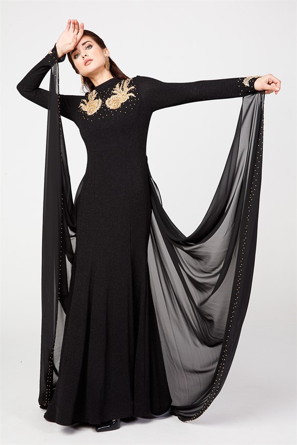Siyah - Aplike Detaylı Balık Model Abiye Elbise