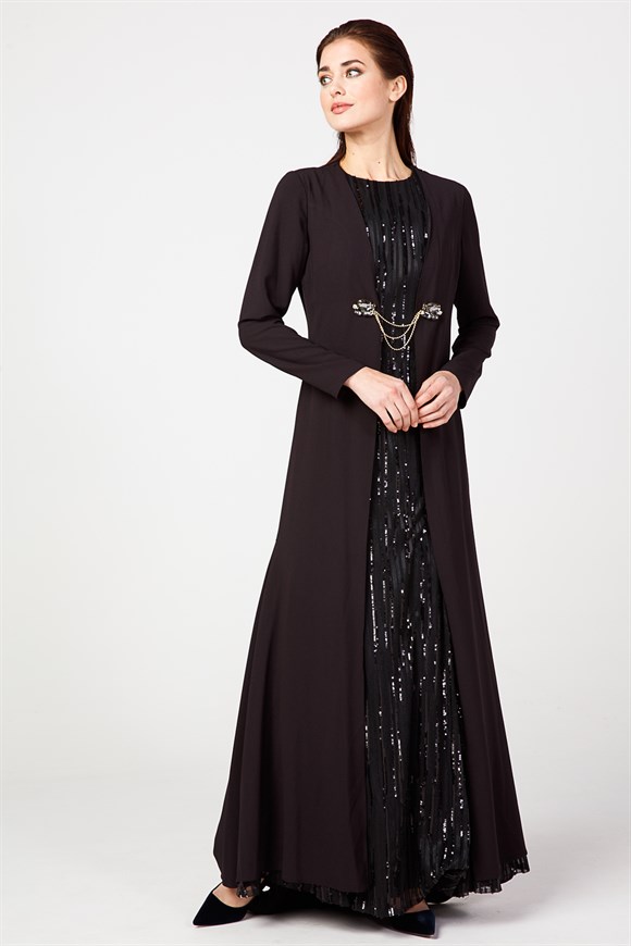 Siyah - Önü Broş Tokalı Pul Payet Abiye Elbise