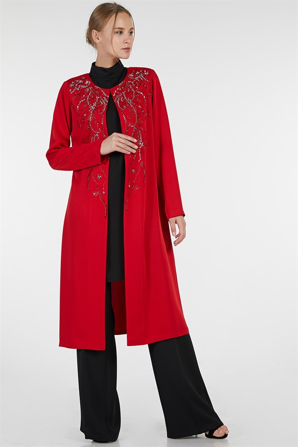 Kırmızı - 3'lü Pantolonlu İçi Gömlekli Ceketi Taşlı Abiye Takım