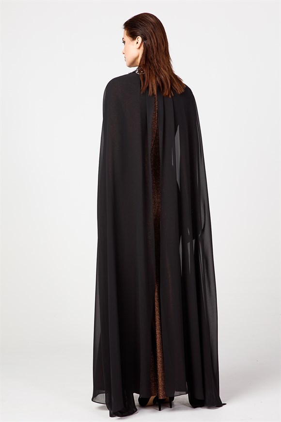 Bakır - Taş Detaylı Pelerinli Abiye Elbise