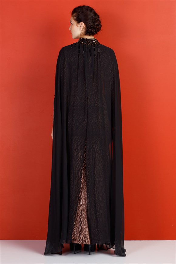 Bakır - Yakası Taşlı Şifon Pelerinli Abiye Elbise