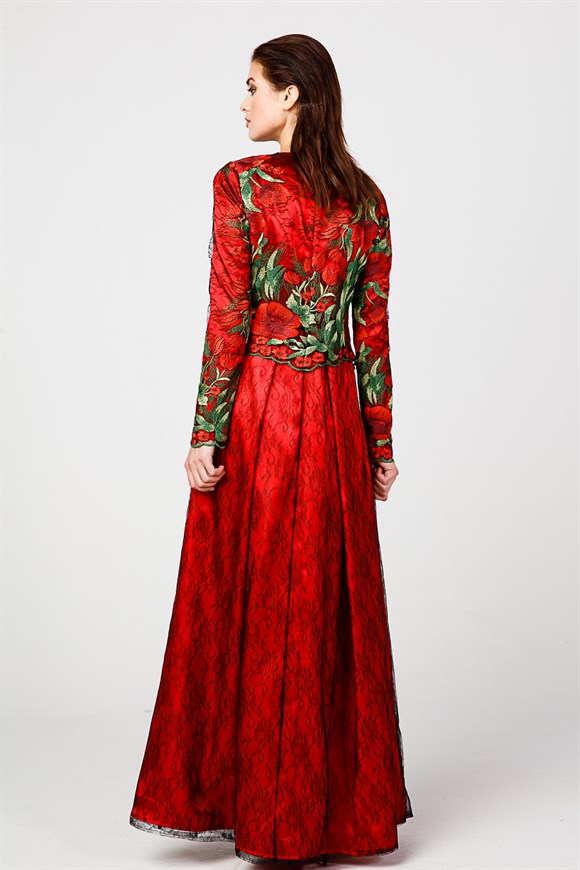 Kırmızı - Çiçek Detaylı Dantel Abiye Elbise