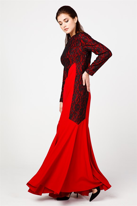 Kırmızı - Güpür Dantelli Abiye Elbise