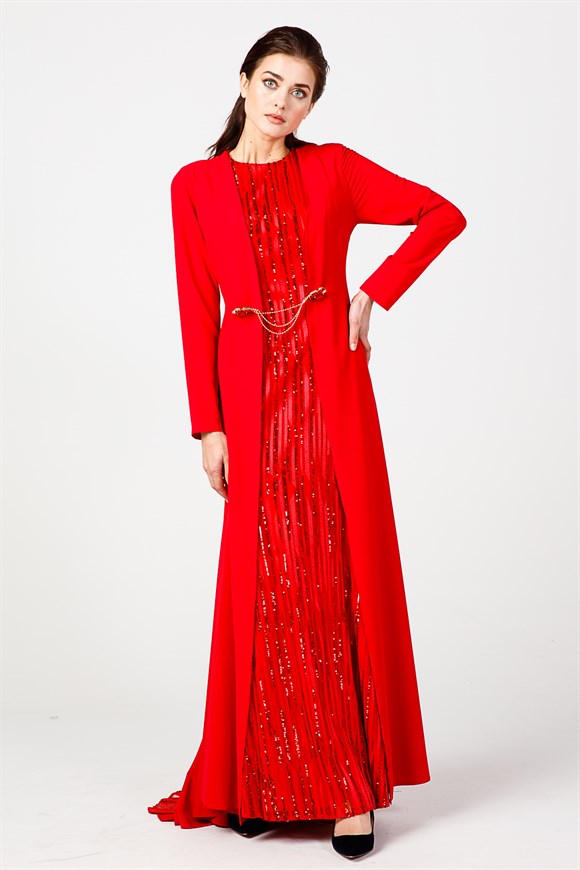 Kırmızı - Önü Broş Tokalı Pul Payet Abiye Elbise