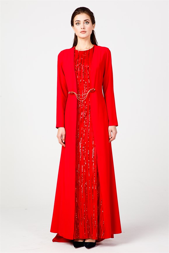Kırmızı - Önü Broş Tokalı Pul Payet Abiye Elbise