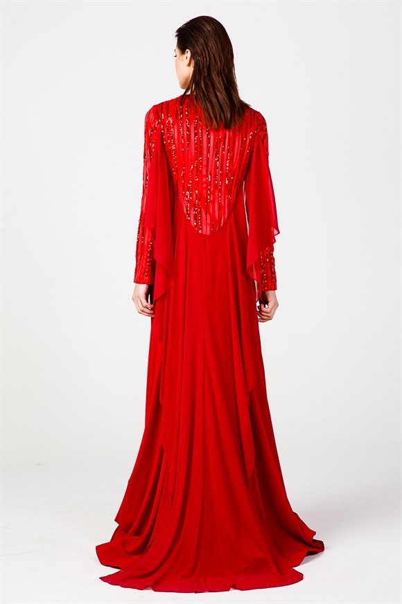 Kırmızı - Taş ve Pul Detaylı Şifon Kuyruklu Abiye Elbise