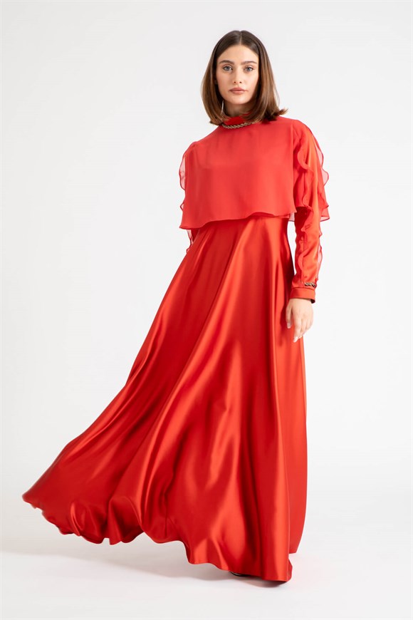 Ruffle Detailed Stone Detailed Evening Dress with Sleeves - Caramel