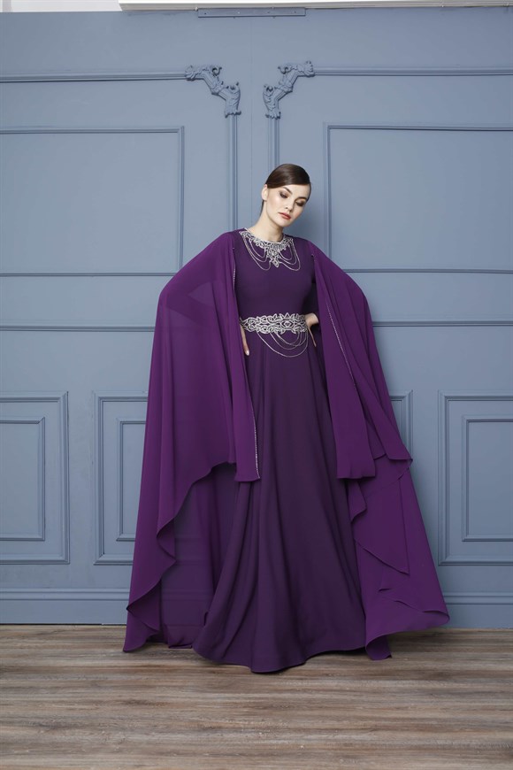 Purple - Chained Waistband Chiffon Evening Gown