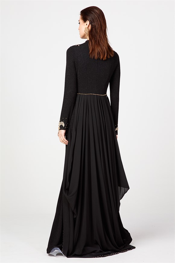 Siyah - Aplike Detaylı Balık Model Abiye Elbise