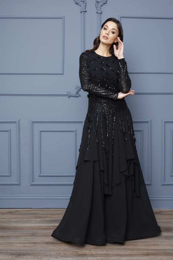 Siyah - Lazer Çiçekli Pul Payet Püsküllü Abiye Elbise