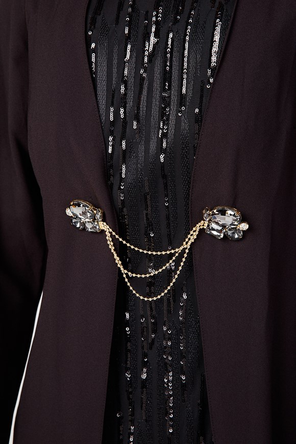 Siyah - Önü Broş Tokalı Pul Payet Abiye Elbise