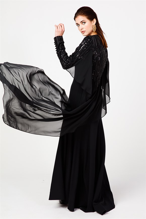 Siyah - Taş ve Pul Detaylı Şifon Kuyruklu Abiye Elbise