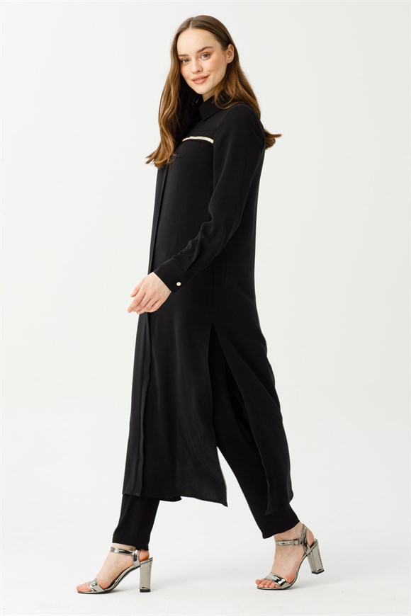 Fermuar Kapamalı Taş Yapıştırma Detaylı Uzun Tunik Pantolon Takım  Siyah