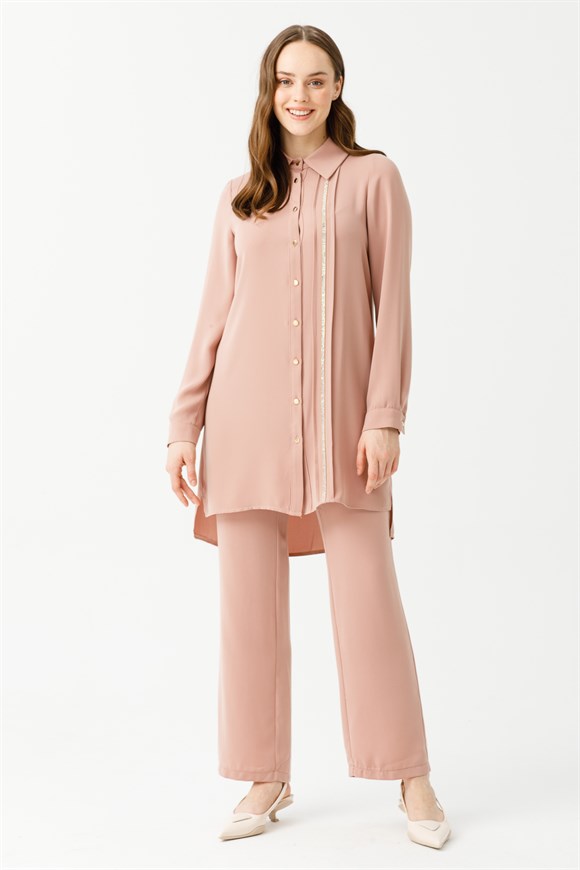 Front Buttoned Stone Adhesive Detailed Trousers Tunic Suit - Powder