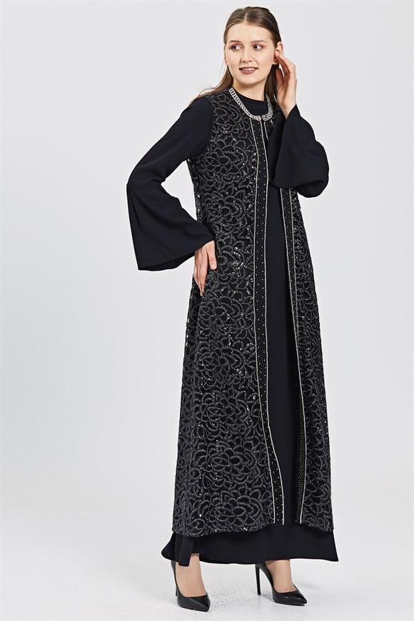 Siyah 2'Li İçi Elbiseli Kaftan Uzun Ceketli Abiye Takım