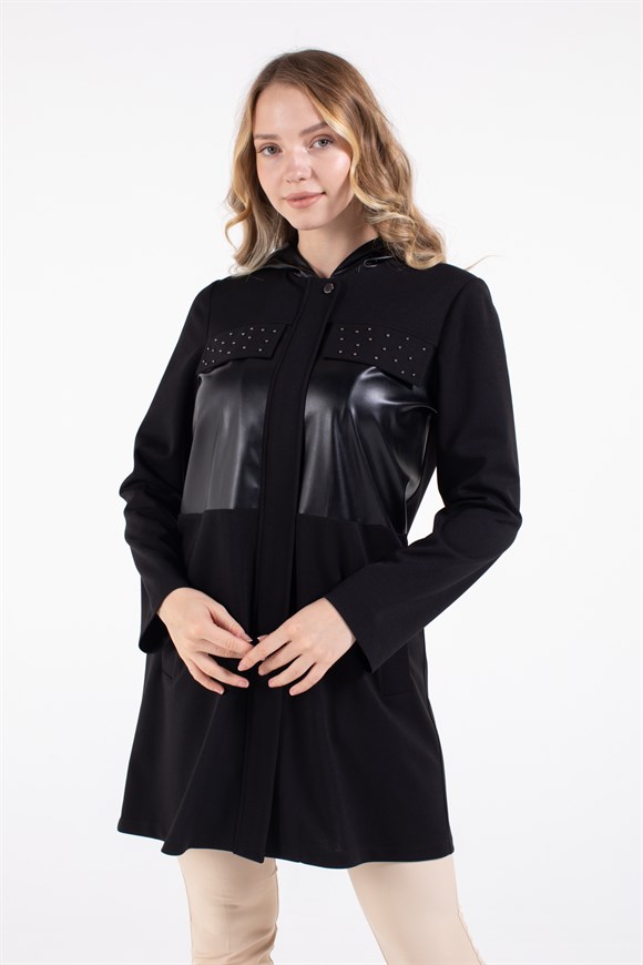 Çakma Detaylı Fermuar Kapamalı Kapişonlu Giy Çık Tunik  Siyah