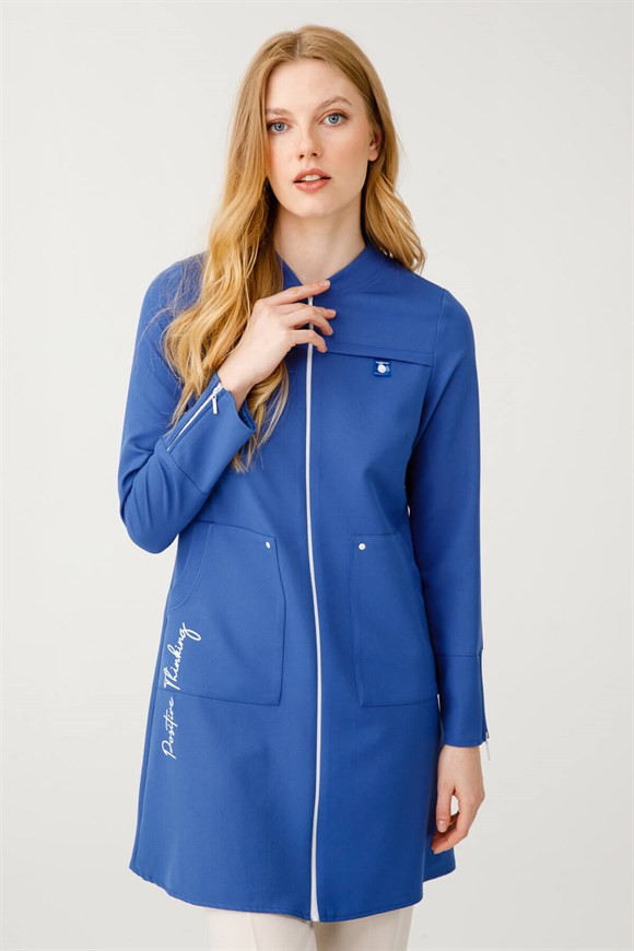 Fermuarlı Baskı Detaylı Torba Cepli Giy Çık Tunik  Mavi