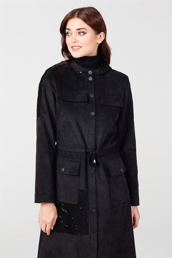 Siyah - Beli Büzgülü Kapüşonlu Ceket