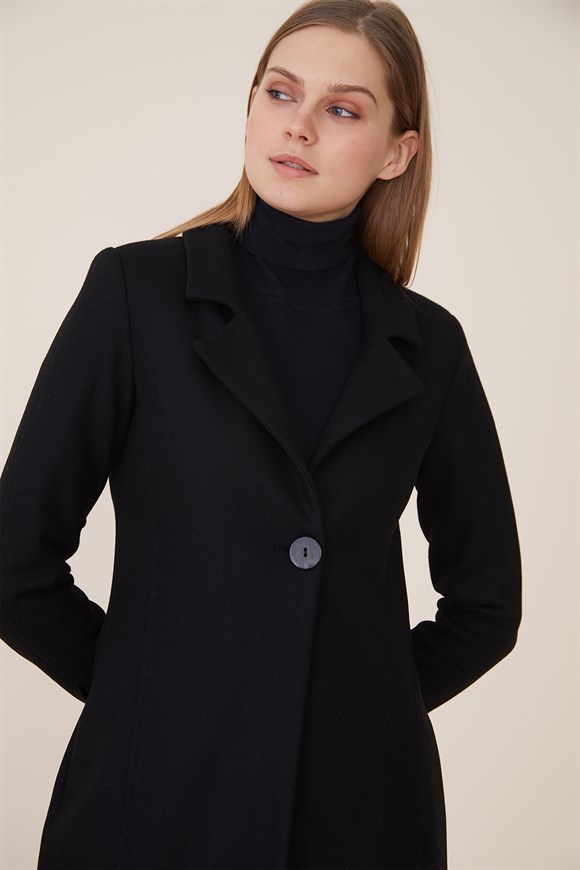 Siyah - Örme Keçe Kumaş Rahat Kullanımlı Ceket