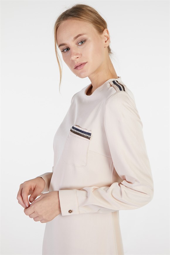 Bej - Apoletli Eteği Fırfırlı Peto Cepli Elbise