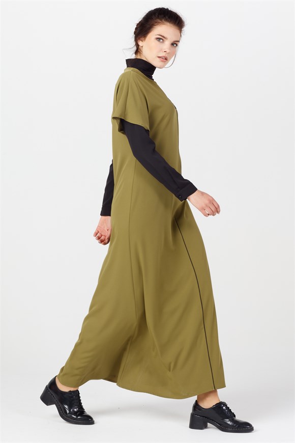 Haki - Jile Yakası Zincir Detaylı Elbiseli Takım