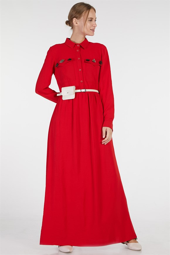 Kırmızı - Belden Pileli Cep Kapaklı Çanta Kemerli Elbise