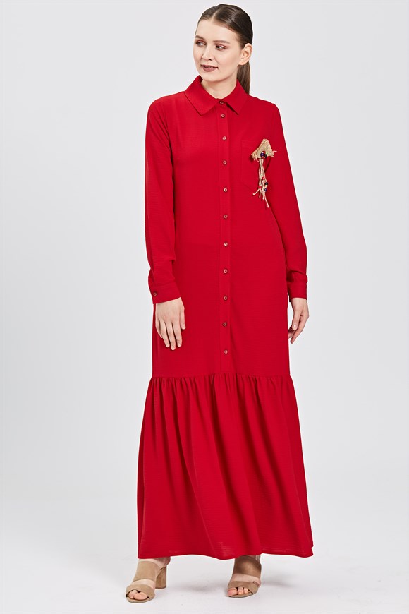 Kırmızı Eteği Büzgülü Rahat Kesim Elbise