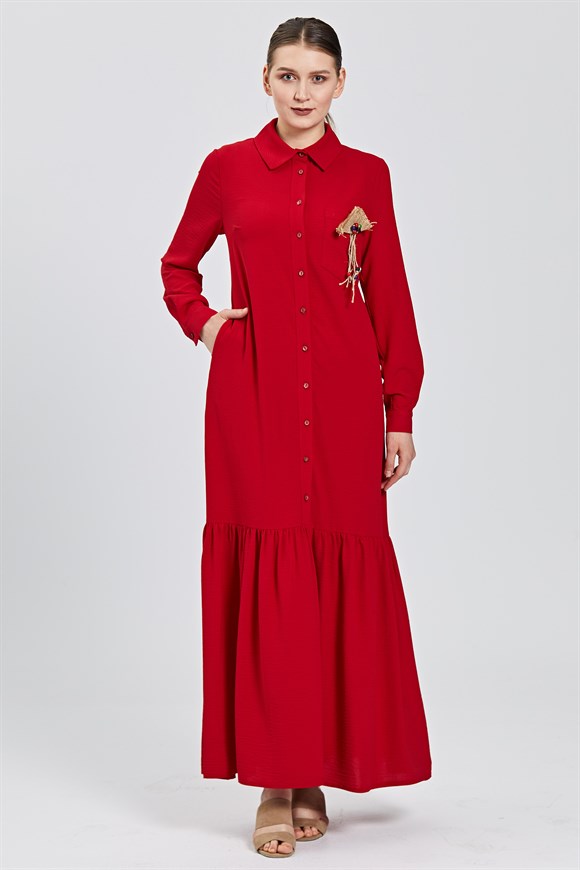 Kırmızı Eteği Büzgülü Rahat Kesim Elbise