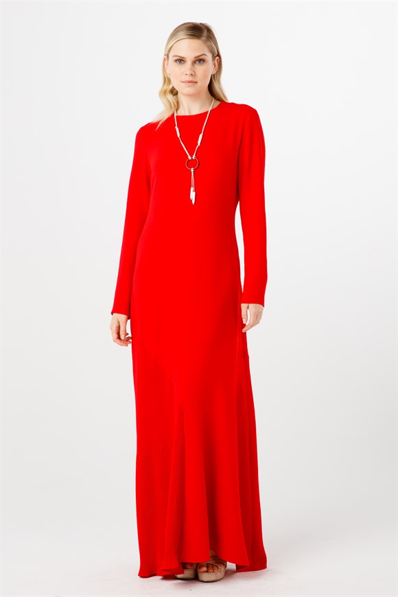 Eteği Piliseli Elbise  Kırmızı