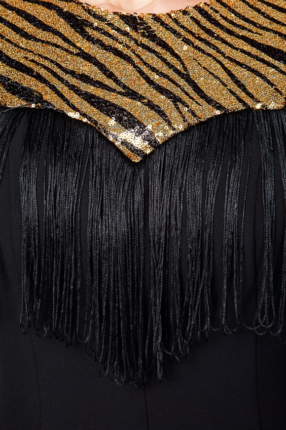 Siyah - Tiger Desenli Pul Payet Abiye Elbise
