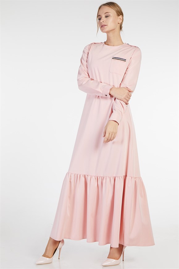 Somon - Apoletli Eteği Fırfırlı Peto Cepli Elbise