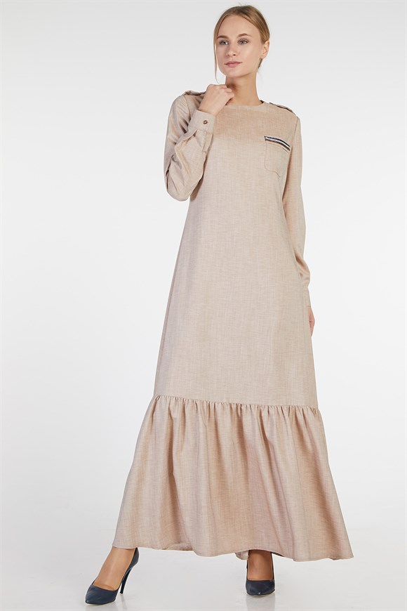 Vizon - Apoletli Eteği Fırfırlı Peto Cepli Elbise