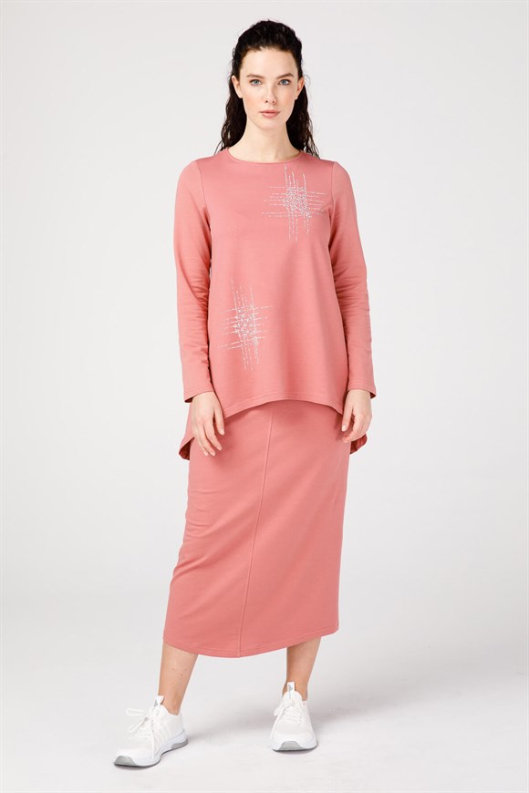 Stone Detailed Tunic and Skirt  Set - Dried rose