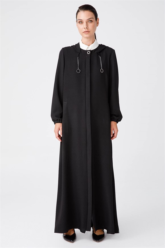 Hooded Chain Accessory Zippered Abaya - Black