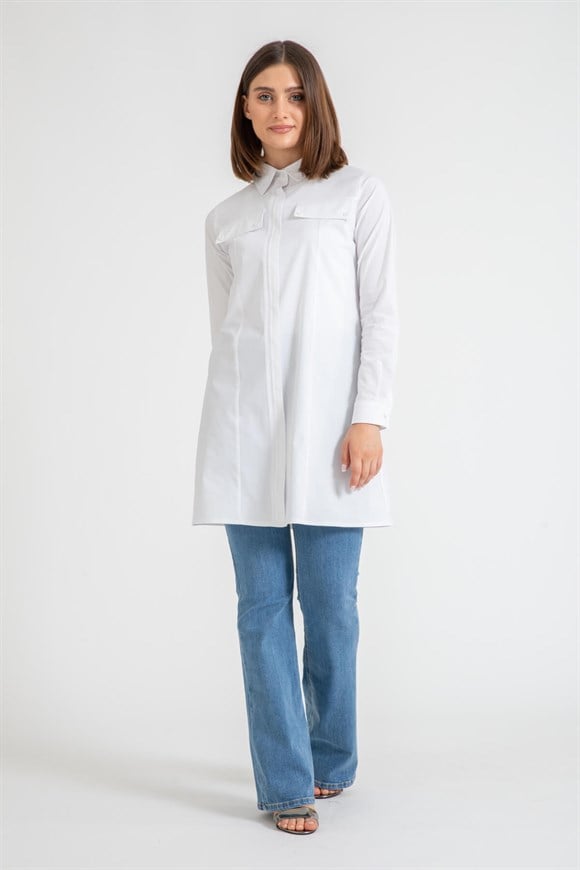 Stitched Detailed Pocket Flap Cotton Shirt - White