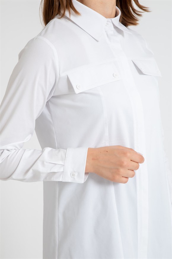 Dikiş Detaylı Cep Kapaklı Koton Gömlek  Beyaz