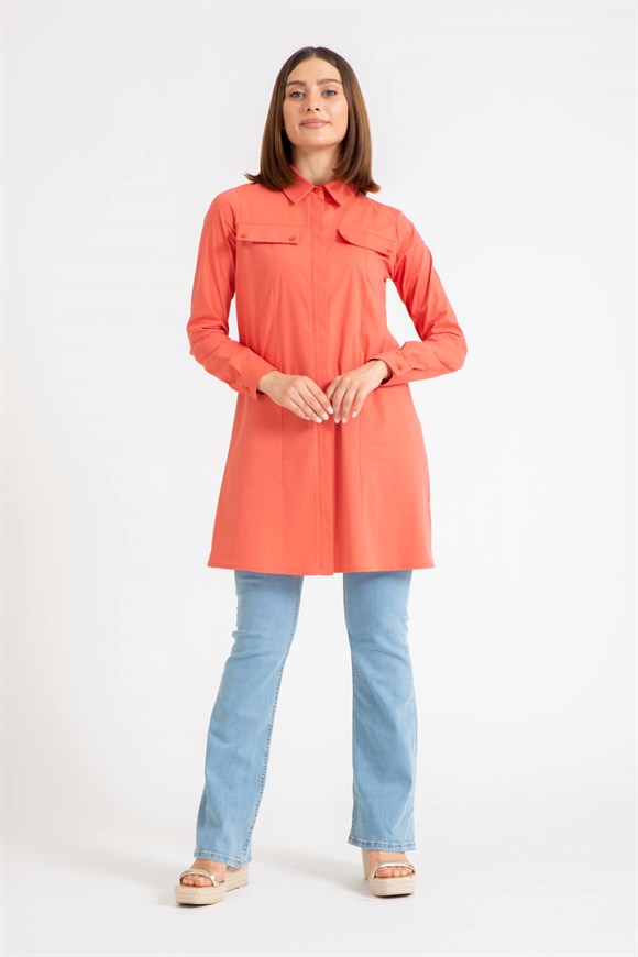 Stitched Detailed Pocket Flap Cotton Shirt - Oranje