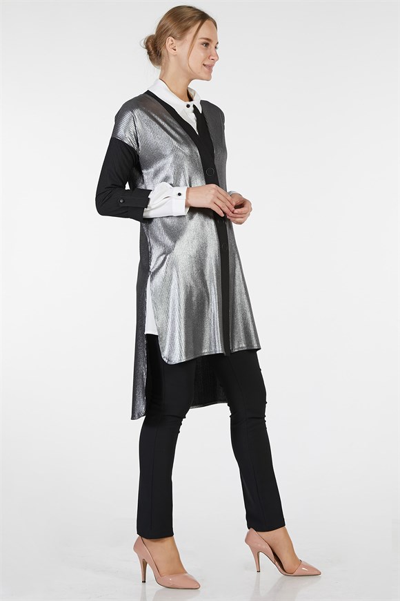 Gümüş - 2'li Gömlekli Hırkalı Bluz Takım