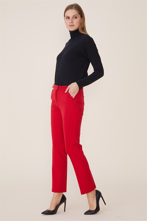 Kırmızı - Cepli Kumaş Pantolon