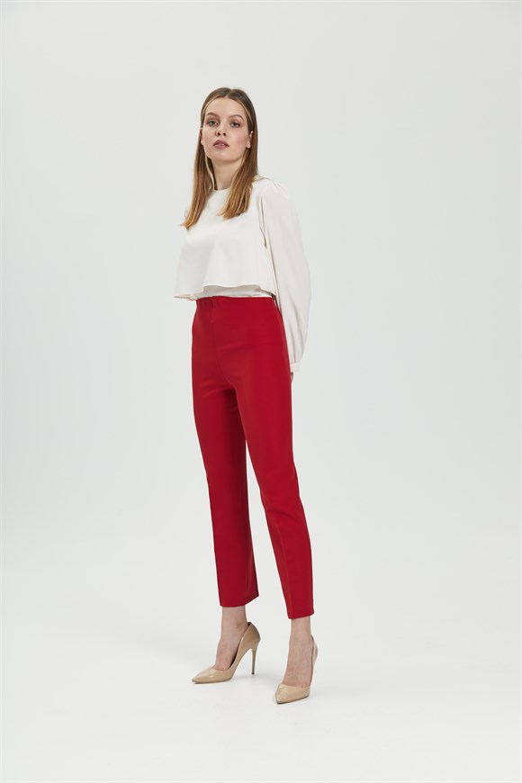Kırmızı Yandan Fermuarlı Beli Lastikli Pantolon