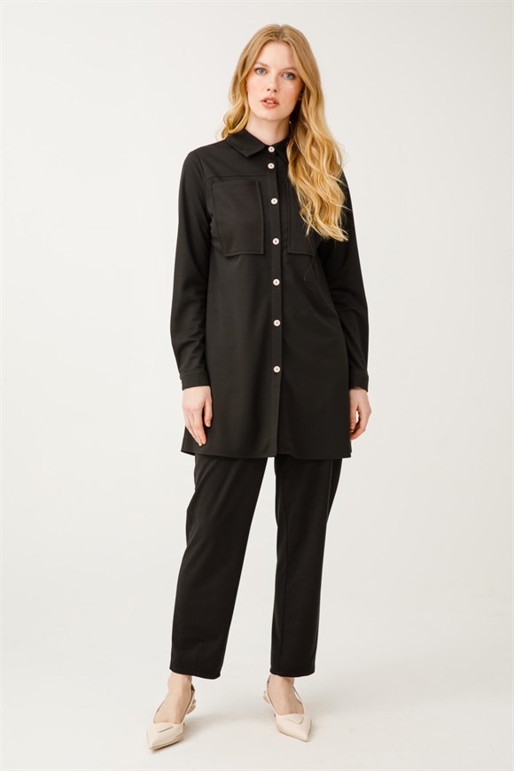 Large Pockets, Buttoned Front, Comfortable Trousers Set - Black