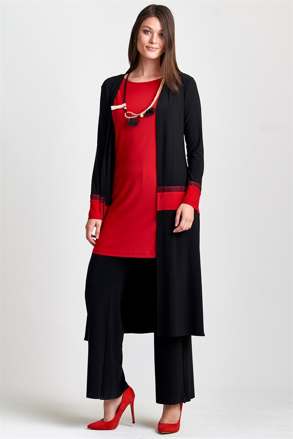 Kırmızı File Kombin Detaylı Ceket, Tunik Pantolon Takım