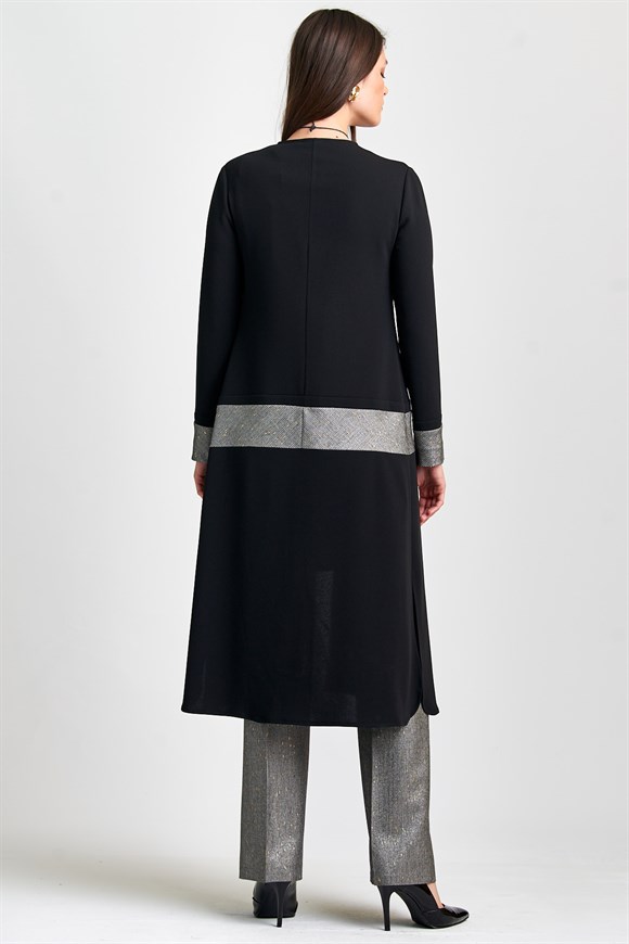 Orijinal Çizgili Ve Simli Kumaşın Birleşmiş Kombiniyle Oluşan Şık Ceket+ Pantolon+ Tunik Takım