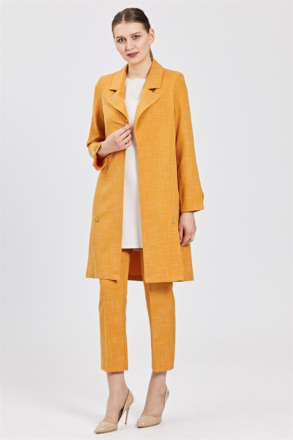 Sarı Kendinden Desenli Kumaşa Ceket Bady Pantolon Takım