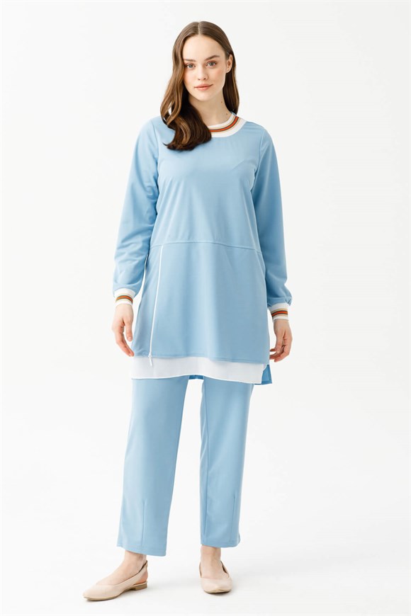 Chiffon and Rib Detailed Oxford Fabric Comfortable Trousers Tunic Suit - Blue