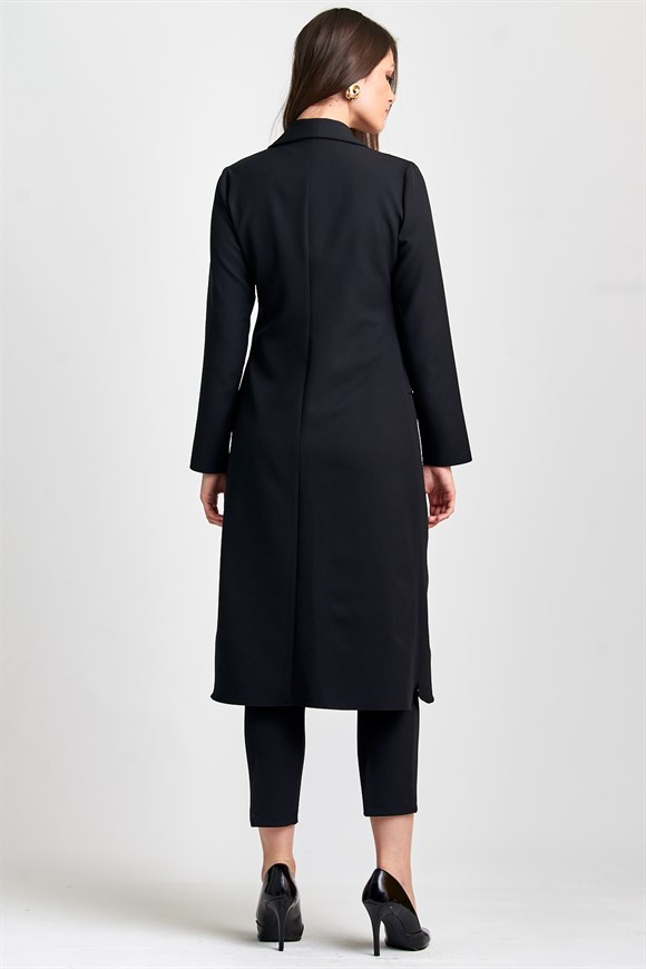 Siyah Fırfır Yakalı Tunik, Uzun Ceketli Pantolonlu Takım