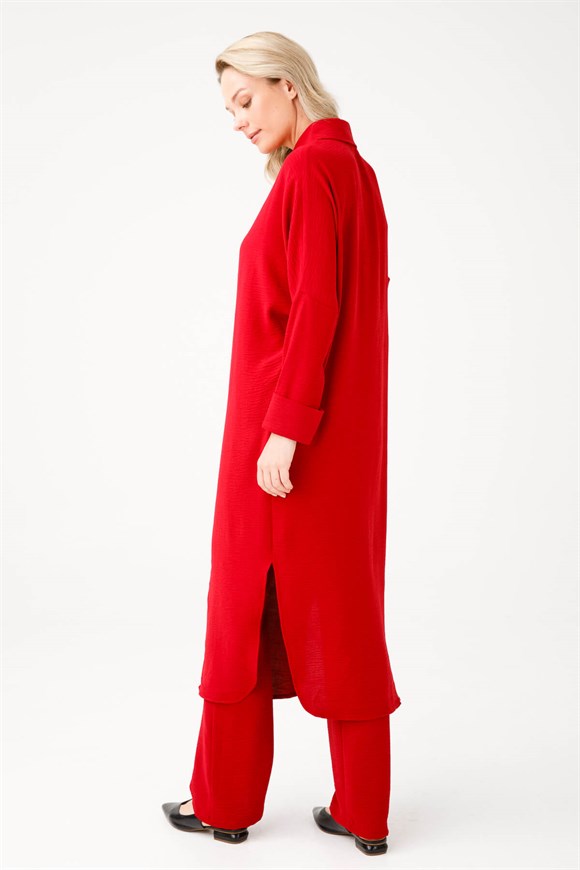 Yarasa Kollu Tunikli Pantolonlu Takım  Kırmızı