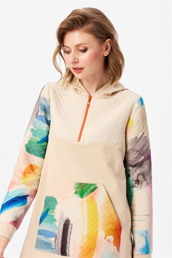 Renkli Desen Baskılı Sweatshirt  Bej