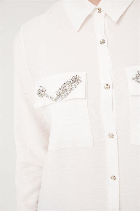 Çift Cepli Cep Kapağı Taş İşli Tunik  Beyaz