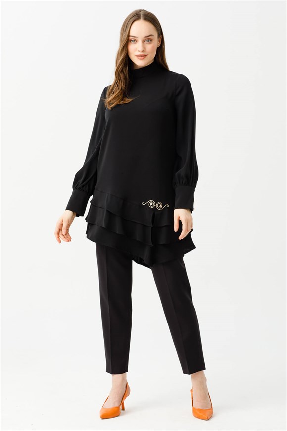 Skirt Tiered Layered Brooch Tunic - Black
